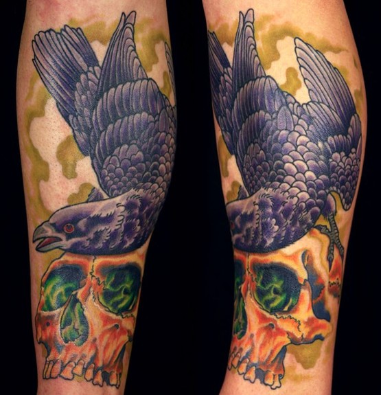 Canman - Raven and skull shin tattoo